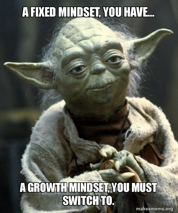 Maître Yoda de Star Wars qui dit "a fixed mindset you have... a growth mindset, you must switch to.